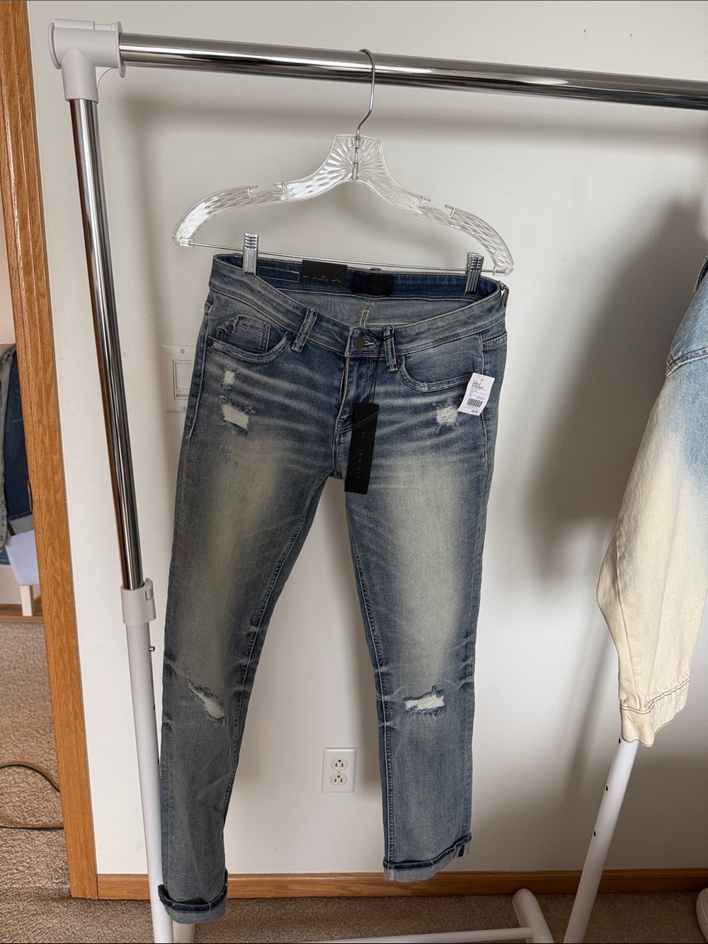 Women’s Distressed Blue ankle straight buckle black Jeans